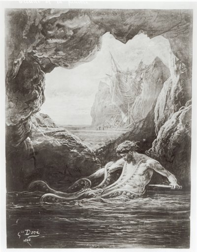Gilliatt kämpar med den gigantiska bläckfisken, illustration från 