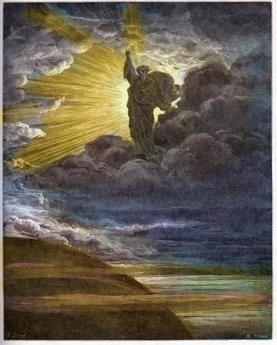 Gud skapar ljus - Skapandet av ljus - Gamla testamentet (1 Mosebok) - Skapande av ljus - gravyr i "The Bible illustree" av Gustave Dore (1832-1883) - Gravyr från "The Dore Bible" av Gustave Dore