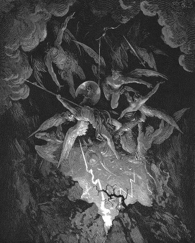 Gustave Dore-illustration till John Miltons episka dikt som dramatiserar människans fall, Paradise Lost (1667), bok VI. De upproriska änglarna faller genom sprickan i himlens mur och störtar ner i helvetet. Trägravyr 1866 av Gustave Dore