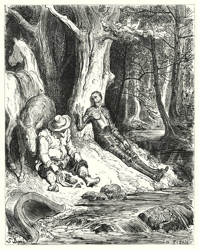 Gustave Dores Don Quijote: "En klar fontän, som Don Quijote och Sancho hittade bland några grönskande träd, tjänade till att fräscha upp dem" (gravyr) av Gustave Dore