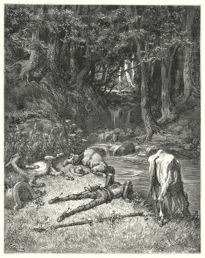 Gustave Dores Don Quijote: "En äng, vattnad med en bäck, bjöd dem att stiga av" (gravyr) av Gustave Dore