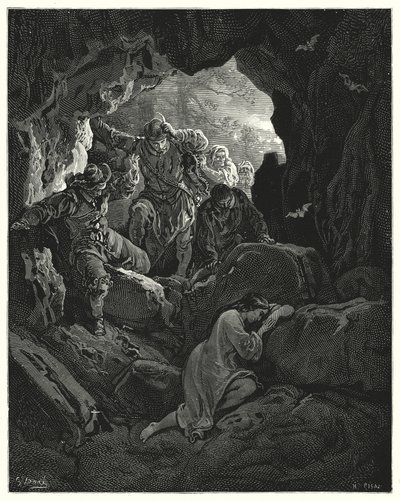 Gustave Dores Don Quijote: "En fest med officerare skickas ut ... som hittar den stackars förtjusta Leandra i en grotta i ett av bergen" (gravyr) av Gustave Dore