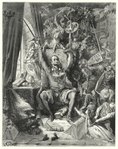 Gustave Dores Don Quijote: "En värld av oordnade föreställningar, plockade ur hans böcker, trängda i hans fantasi" (gravyr) av Gustave Dore