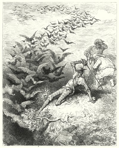 Gustave Dores Don Quijote: "Ett oändligt antal övervuxna kråkor och daws kom rusande och fladdrande ut ur grottan" (gravyr) av Gustave Dore