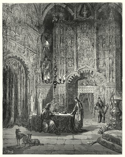 Gustave Dores Don Quijote: "En annan flicka kommer in i rummet och börjar informera honom om vilket slott det är och hur hon är förtrollad i det" (gravyr) av Gustave Dore