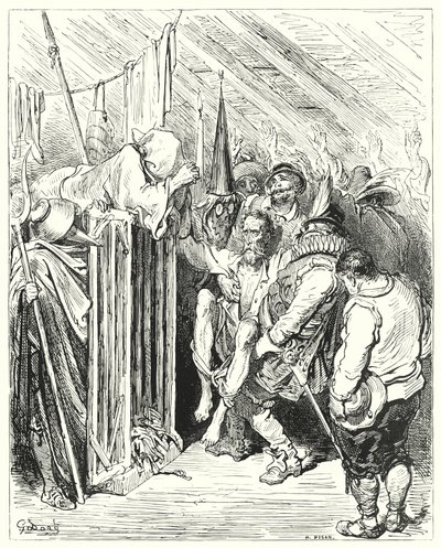 Gustave Dores Don Quijote: "Var inte otålig, o riddare av den fula gestalten, vid ditt fängelse" (gravyr) av Gustave Dore