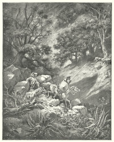 Gustave Dores Don Quijote: "Men be, herre," citerar Sancho, "är det en god ridderlighetslag som säger att vi ska vandra upp och ner, över buskar och tärnar, i denna steniga vildmark?" (gravyr) av Gustave Dore