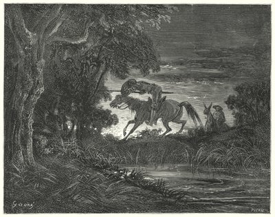 Gustave Dores Don Quijote: "Don Quijote, ackompanjerad av sitt orädda hjärta, hoppade på Rozinante" (gravyr) av Gustave Dore