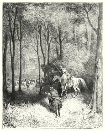 Gustave Dores Don Quijote: "Don Quijote beskrev ett sällskap, som han vid en närmare uppfattning bedömde vara personer av kvalitet" (gravyr) av Gustave Dore