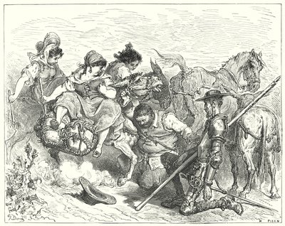 Gustave Dores Don Quijote: "Don Quijote stirrade med tvivelaktiga och tröstlösa ögon på varelsen som Sancho kallade drottning och dam" (gravyr) av Gustave Dore