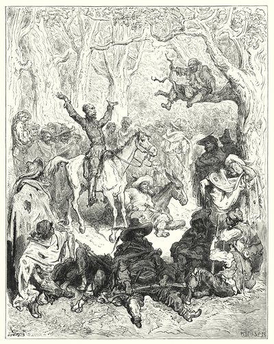 Gustave Dores Don Quijote: "Don Quijote, monterad på Rozinante, deklamerar mycket ymnigt mot deras sätt att leva" (gravyr) av Gustave Dore