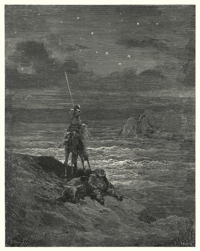 Gustave Dores Don Quijote: "Don Quijote stannade där och väntade på dagens närmande" (gravyr) av Gustave Dore