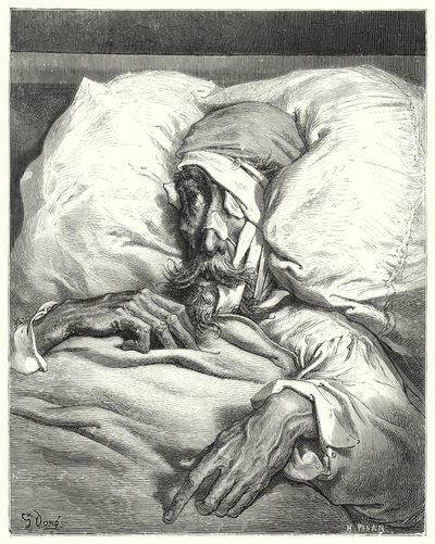 Gustave Dores Don Quijote: "Don Quijote, så olyckligt sårad, var extremt sur och melankolisk" (gravyr) av Gustave Dore