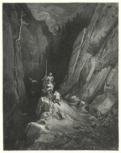 Gustave Dores Don Quijote: "Don Quijote transporterades med glädje för att hitta sig själv där han kunde smickra sin ambition med hopp om nya äventyr" (gravyr) av Gustave Dore