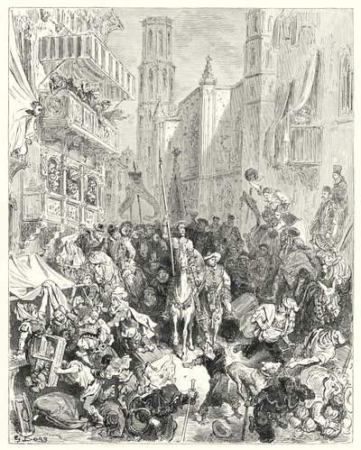 Gustave Dores Don Quijote: "Omslutande honom i mitten av deras brigad, ledde de honom mot staden" (gravyr) av Gustave Dore