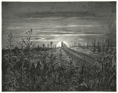 Gustave Dores Don Quijote: "Vän Sancho," sa Don Quijote, "Jag tycker att den annalkande natten kommer att inta oss innan vi kan nå Toboso" (gravyr) av Gustave Dore