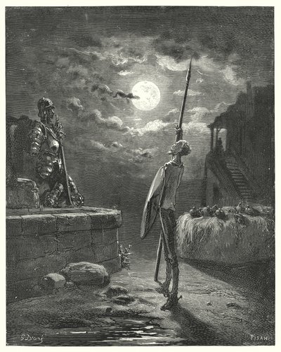 Gustave Dores Don Quijote: "Han började gå omkring vid hästtråget med en graciös uppvisning" (gravyr) av Gustave Dore