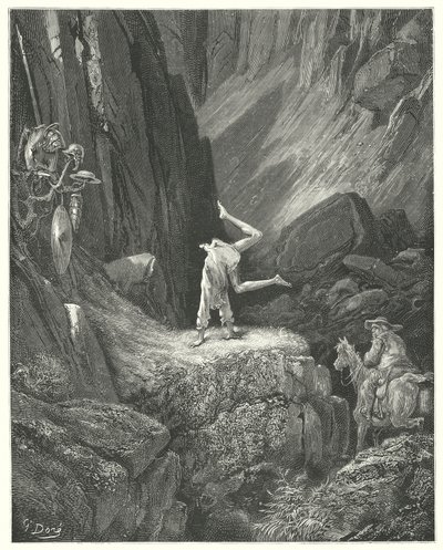 Gustave Dores Don Quijote: "Han gav två eller tre friskningar i luften, och sedan kastade han på händerna och hämtade hälarna över huvudet två gånger tillsammans" (gravyr) av Gustave Dore
