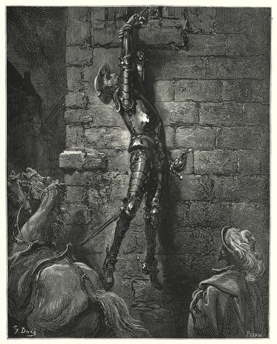 Gustave Dores Don Quijote: "Han hade oundvikligen fallit till marken, om hans handled inte hade varit ordentligt fäst vid repet" (gravyr) av Gustave Dore