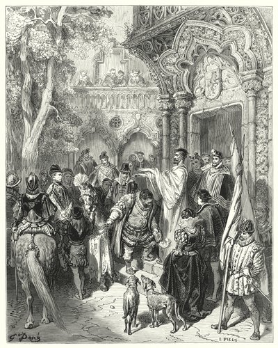 Gustave Dores Don Quijote: "Han kysste hertigen och hertiginnans hand vid avskedet och mottog sin mästares välsignelse" (gravyr) av Gustave Dore