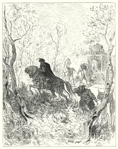 Gustave Dores Don Quijote: "Han postade sig själv precis före dörren till buren" (gravyr) av Gustave Dore