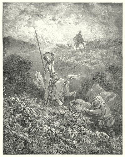 Gustave Dores Don Quijote: "Han spanade på toppen av en stenig klippa precis framför honom en man som hoppade från sten till sten med underbar smidighet" (gravyr) av Gustave Dore