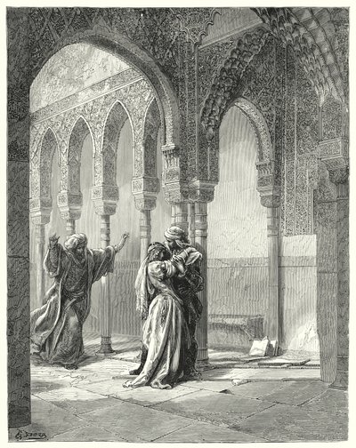 Gustave Dores Don Quijote: "Hennes far kom hastigt till oss, och när han såg sin dotter i detta tillstånd, frågade han henne vad som var felet" (gravyr) av Gustave Dore