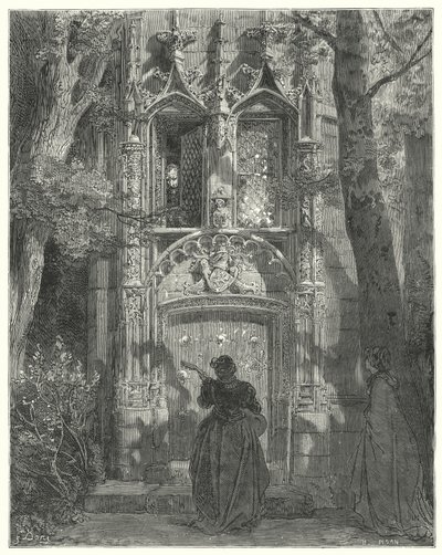 Gustave Dores Don Quijote: "Här slutade den uppvaktande flickan sin sång" (gravyr) av Gustave Dore