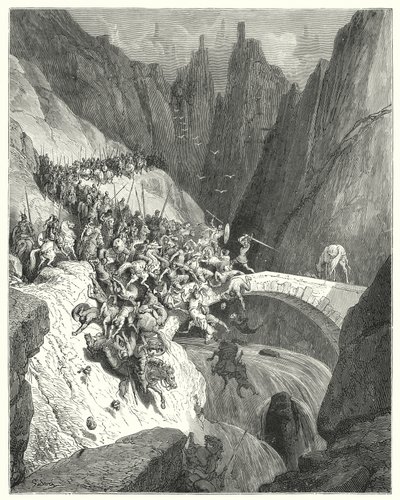 Gustave Dores Don Quijote: "Hur Don Diego Garcia med sin enda styrka försvarade passagen av en bro mot en stor armé" (gravyr) av Gustave Dore