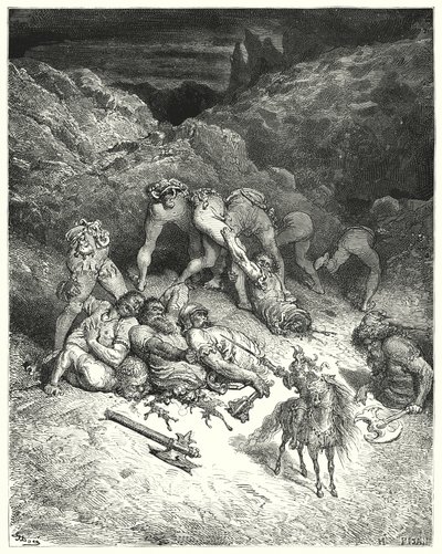 Gustave Dores Don Quijote: "Hur Felixmarte skär av fem jättar på mitten" (gravyr) av Gustave Dore
