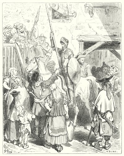 Gustave Dores Don Quijote: "Jag har ingenting med allt detta att göra," ropade gästgivaren; "betala din räkning" (gravyr) av Gustave Dore