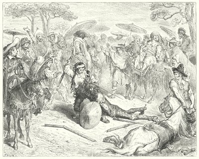 Gustave Dores Don Quijote: "Trots sina armar slog han honom som en vetekärve" (gravyr) av Gustave Dore
