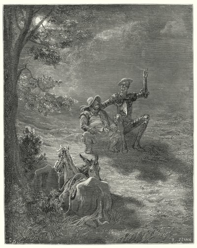 Gustave Dores Don Quijote: "I sådana diskurser passerade de en stor del av natten" (gravyr) av Gustave Dore