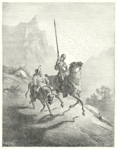 Gustave Dores Don Quijote: "Det var ännu tidigt på morgonen, då solstrålarna inte visade sig så stötande" (gravyr) av Gustave Dore