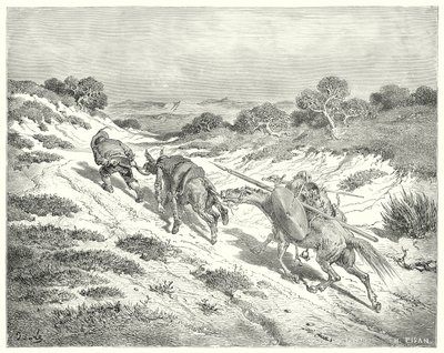 Gustave Dores Don Quijote: "Han ledde röven vid grimman och tog den närmaste vägen han kunde gissa till den stora vägen" (gravyr) av Gustave Dore