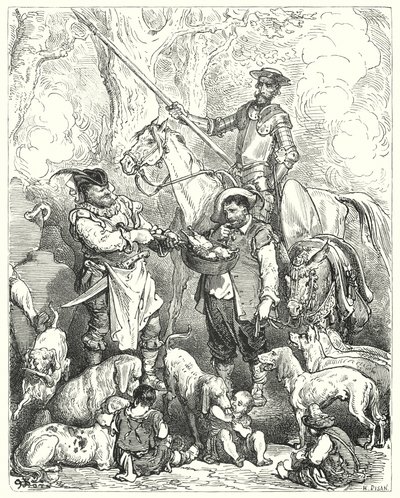 Gustave Dores Don Quijote: "Gör ett skift för att hålla magen med det tills middagen är klar" (gravyr) av Gustave Dore