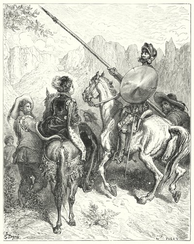 Gustave Dores Don Quijote: "Nu, dam," sa Don Quijote, "låt mig vädja om din storhet att tala om för mig vilken väg vi måste gå, för att göra er tjänst" (gravyr) av Gustave Dore