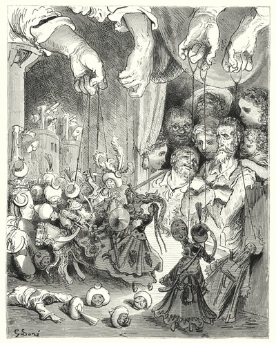 Gustave Dores Don Quijote: "Observera vilket stort sällskap av glittrande hästar som kommer strömmande ut ur staden, i jakten på de kristna älskarna" (gravyr) av Gustave Dore