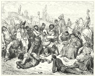 Gustave Dores Don Quijote: "Ensam Sancho Panza var upprörd, irriterade sig till döds och rasade som en galning" (gravyr) av Gustave Dore