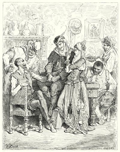 Gustave Dores Don Quijote: "Sancho och hans herre stannade i tre dagar med ett unga par och underhölls som prinsar" (gravyr) av Gustave Dore