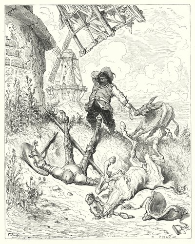 Gustave Dores Don Quijote: "Sancho sprang så fort hans rumpa kunde köra, för att hjälpa sin herre" (gravyr) av Gustave Dore