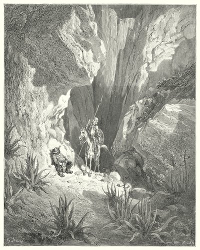 Gustave Dores Don Quijote: "Det första han hittade var det grova utkastet till en sonett; så han läste det högt" (gravyr) av Gustave Dore