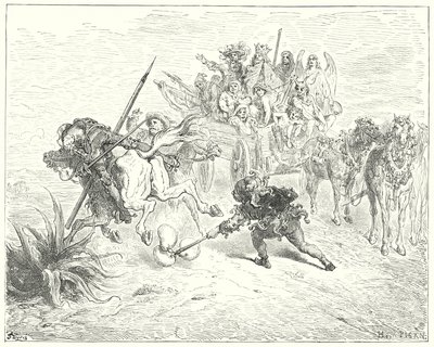Gustave Dores Don Quijote: "Dåren i pjäsen kom upp sprattlande med sina morriceklockor" (gravyr) av Gustave Dore