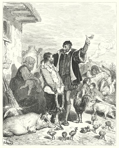 Gustave Dores Don Quijote: "Riddaren gav honom så många rättvisa löften, att den stackars fåniga clownen äntligen gick med på att följa med honom och bli hans godsherre" (gravyr) av Gustave Dore