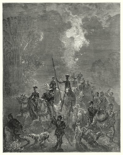 Gustave Dores Don Quijote: "Morgen började sprida hennes leende blickar i den östra delen av himlen" (gravyr) av Gustave Dore