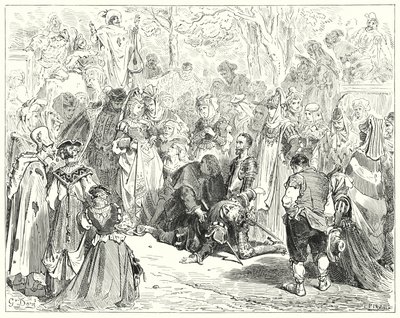Gustave Dores Don Quijote: "Den stackars jungfrun, darrande och förfärad utan att säga ett ord, kom till stackars Basil" (gravyr) av Gustave Dore