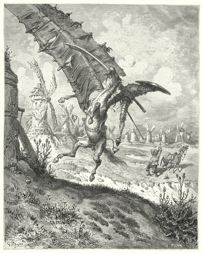 Gustave Dores Don Quijote: "Seglet kastade iväg både riddare och häst tillsammans med det" (gravyr) av Gustave Dore