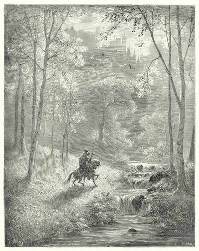 Gustave Dores Don Quijote: "Himlen verkar för honom mer genomskinlig, och solen tycks lysa med fördubblad ljusstyrka" (gravyr) av Gustave Dore