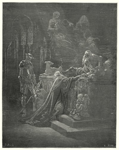 Gustave Dores Don Quijote: "Den ärevördiga Montesinos föll på knä inför den drabbade riddaren" (gravyr) av Gustave Dore