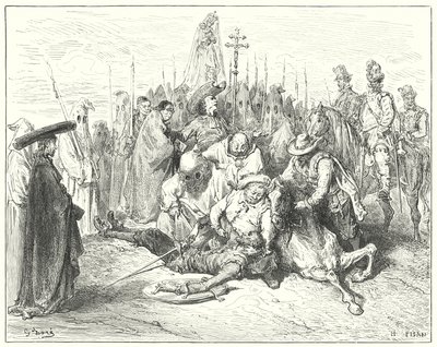 Gustave Dores Don Quijote: "De äckliga accenterna i godsägarens röst kallas äntligen Don Quijote för sig själv" (gravyr) av Gustave Dore